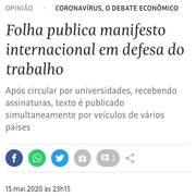 Folha publica manifesto internacional em defesa do trabalho FolhaRessaber